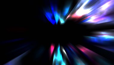 Siyah arkaplanda izole edilmiş dinamik ışık ışınları. Parlayan renkli ışık parçacıklarının grafiksel 2d çizimi.