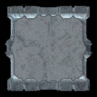 Gelecekçi tasarım şablonu. Metal paslı tabak menüsü. Teknoloji afişi beyaz arkaplanda izole edildi. Bilim kurgu elemanı grafiği. Metalik paslanmış 3 boyutlu illüstrasyon.  