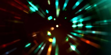 Parlayan ışıkları hareket ettirmenin havalı arka planı. Tasarımınız için canlı renkli bir portal şablonu. Işık ışınları ve hareket halindeki ışıldayan parçacıklar bir solucan deliği şekli oluşturuyor..