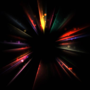 Işık huzmeleri ve parlayan parçacıkların kesiştiği güzel bir zemin. Canlı renkli ışıkların duvar kâğıdı. Parlak ışık görüntüsü.