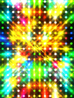 Parlayan ışıklar siyah arka planda parti izleri. Sahne veya stadyum ışıklarının dijital illüstrasyonu. Parlak desenli duvar kağıdı. Sahne ışıkları ile renkli ışıkların ihtişamlı arkaplanı.