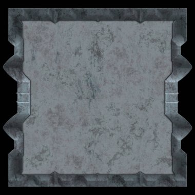 Gelecekçi tasarım şablonu. Metal paslı tabak menüsü. Teknoloji afişi beyaz arkaplanda izole edildi. Bilim kurgu elemanı grafiği. Metalik paslanmış 3 boyutlu illüstrasyon.  