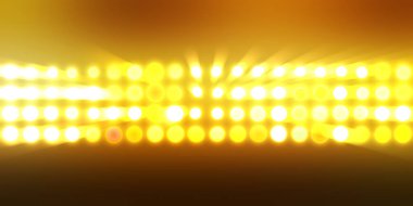 Parlak desenli duvar kağıdı. Sahne ışıkları olan renkli ışıkların ihtişamlı arkaplanı. Parlayan ışıklar siyah arka planda parti izleri. Sahne veya stadyum ışıklarının dijital illüstrasyonu. 