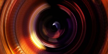 Fotoğraf makinesi konsepti. Soyut arkaplan. Dönen ışık ışınları. Hareketli kavramsal duvar kağıdı. Grafik dijital illüstrasyon. Parlayan neon ışıkları. Parlak sunum tasarım şablonu.