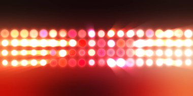 Parlak desenli duvar kağıdı. Sahne ışıkları olan renkli ışıkların ihtişamlı arkaplanı. Parlayan ışıklar siyah arka planda parti izleri. Sahne veya stadyum ışıklarının dijital illüstrasyonu. 