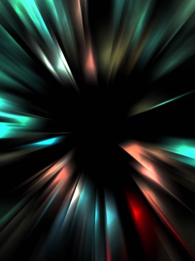 Siyah arkaplanda izole edilmiş dinamik ışık ışınları. Parlayan renkli ışık parçacıklarının grafiksel 2d çizimi.