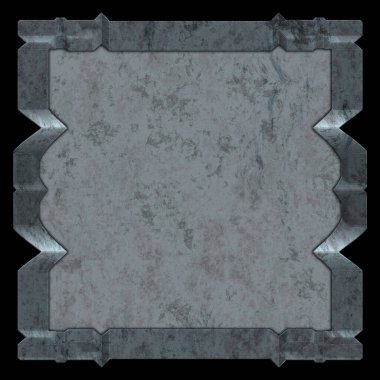 Gelecekçi tasarım şablonu. Metal paslı tabak menüsü. Teknoloji afişi beyaz arkaplanda izole edildi. Bilim kurgu elemanı grafiği. Metalik paslanmış 3 boyutlu illüstrasyon.  