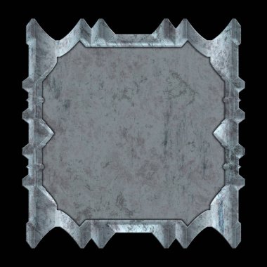 Gelecekçi tasarım şablonu. Metal paslı tabak menüsü. Teknoloji afişi beyaz arkaplanda izole edildi. Bilim kurgu elemanı grafiği. Metalik paslanmış 3 boyutlu illüstrasyon.  