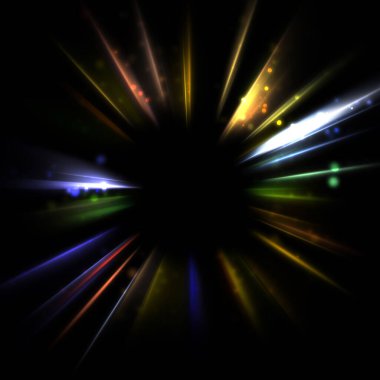 Işık huzmeleri ve parlayan parçacıkların kesiştiği güzel bir zemin. Canlı renkli ışıkların duvar kâğıdı. Parlak ışık görüntüsü.