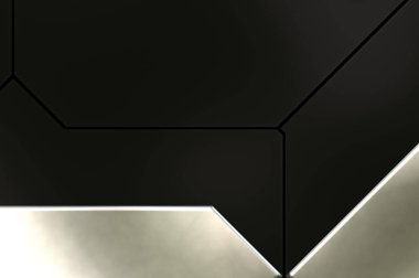 Üç boyutlu metalik doku. Uzay gemisi desenli yüzey. Aydınlık ve karanlık paneller. Fütürist soyut duvar kağıdı. Geometrik teknolojik yansıtıcı arkaplan.