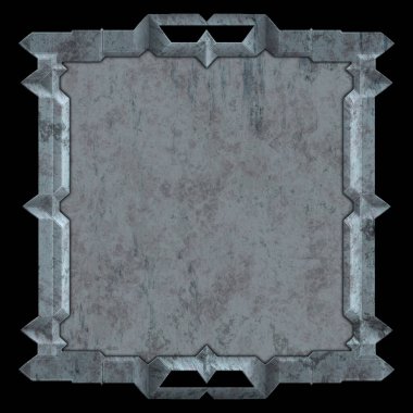 Gelecekçi tasarım şablonu. Metal paslı tabak menüsü. Teknoloji afişi beyaz arkaplanda izole edildi. Bilim kurgu elemanı grafiği. Metalik paslanmış 3 boyutlu illüstrasyon.  