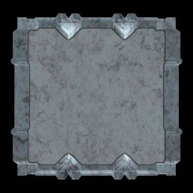 Gelecekçi tasarım şablonu. Metal paslı tabak menüsü. Teknoloji afişi beyaz arkaplanda izole edildi. Bilim kurgu elemanı grafiği. Metalik paslanmış 3 boyutlu illüstrasyon.  