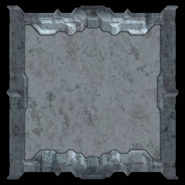 Gelecekçi tasarım şablonu. Metal paslı tabak menüsü. Teknoloji afişi beyaz arkaplanda izole edildi. Bilim kurgu elemanı grafiği. Metalik paslanmış 3 boyutlu illüstrasyon.  