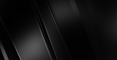 Geometrik katmanlı 3 boyutlu siyah arkaplan. Soyut koyu fütüristik duvar kağıdı. Zarif, parlak çizgili arka plan. Poster, broşür, sunum ve web sitesi için geometrik şablon tasarımı.
