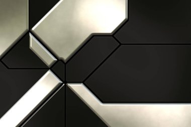 Üç boyutlu metalik doku. Uzay gemisi desenli yüzey. Aydınlık ve karanlık paneller. Fütürist soyut duvar kağıdı. Geometrik teknolojik yansıtıcı arkaplan.