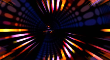 Siyah arkaplanda dönen ışık gösterisi. Lüks çizgiler. Parlak kıvrımlı duvar kağıdı. Uzay tüneli. Dönen ışık çemberi ya da maytap izi. Parlak konsept çizimi.