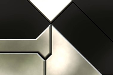 Üç boyutlu metalik doku. Uzay gemisi desenli yüzey. Aydınlık ve karanlık paneller. Fütürist soyut duvar kağıdı. Geometrik teknolojik yansıtıcı arkaplan.
