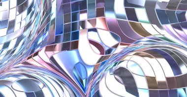 Metalik panel dokusunun 3 boyutlu çizimi. Renkli, parlak, soyut duvar kağıdı. Geometrik teknolojik parlak yansıtıcı arka plan. Yaratıcı parlak kavramsal arkaplan.