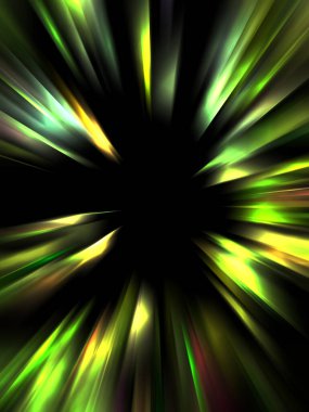 Siyah arkaplanda izole edilmiş dinamik ışık ışınları. Parlayan renkli ışık parçacıklarının grafiksel 2d çizimi.