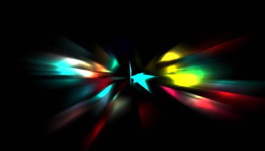 Parlayan ışıkları hareket ettirmenin havalı arka planı. Tasarımınız için canlı renkli bir portal şablonu. Işık ışınları ve hareket halindeki ışıldayan parçacıklar bir solucan deliği şekli oluşturuyor..