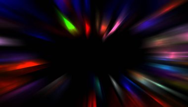 Siyah arkaplanda izole edilmiş dinamik ışık ışınları. Parlayan renkli ışık parçacıklarının grafiksel 2d çizimi.