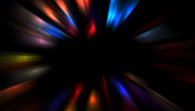 Siyah arkaplanda izole edilmiş dinamik ışık ışınları. Parlayan renkli ışık parçacıklarının grafiksel 2d çizimi.