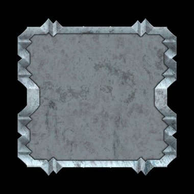 Gelecekçi tasarım şablonu. Metal paslı tabak menüsü. Teknoloji afişi beyaz arkaplanda izole edildi. Bilim kurgu elemanı grafiği. Metalik paslanmış 3 boyutlu illüstrasyon.  