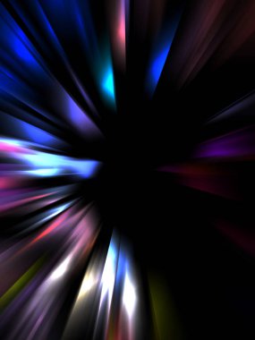 Siyah arkaplanda izole edilmiş dinamik ışık ışınları. Parlayan renkli ışık parçacıklarının grafiksel 2d çizimi.