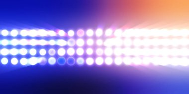 Parlak desenli duvar kağıdı. Sahne ışıkları olan renkli ışıkların ihtişamlı arkaplanı. Parlayan ışıklar siyah arka planda parti izleri. Sahne veya stadyum ışıklarının dijital illüstrasyonu. 