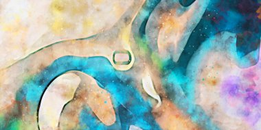 Kova desenli illüstrasyon. Çağdaş ve modern doku. Soyut renk boyama arka planı. Yaratıcı ve sanatsal duvar kağıdı. Fırçalanmış şekilleri ve lekeleri olan sanatsal duvar..