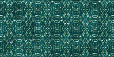 Renkli kumaş arka planında moda tarzında gümüş örgü süsü olan lüks, kusursuz bir şablon. Duvar kağıtları ve tekstil baskısı için tasarım. Lüks, ışıl ışıl metalimsi fantezi dokusu.