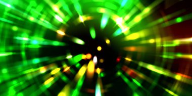 Parlayan ışıkları hareket ettirmenin havalı arka planı. Tasarımınız için canlı renkli bir portal şablonu. Işık ışınları ve hareket halindeki ışıldayan parçacıklar bir solucan deliği şekli oluşturuyor..