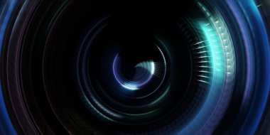 Fotoğraf makinesi konsepti. Soyut arkaplan. Dönen ışık ışınları. Hareketli kavramsal duvar kağıdı. Grafik dijital illüstrasyon. Parlayan neon ışıkları. Parlak sunum tasarım şablonu.