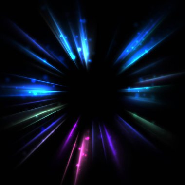 Işık huzmeleri ve parlayan parçacıkların kesiştiği güzel bir zemin. Canlı renkli ışıkların duvar kâğıdı. Parlak ışık görüntüsü.