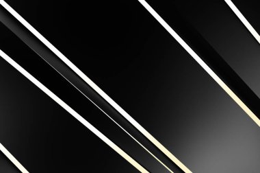 Metin için kopyalama alanı olan soyut siyah paneller. Üç boyutlu illüstrasyon. Renkli ışık özellikli koyu renk tasarım şablonu. Zarif geometrik parlak çizgili arka plan. Minimalist geometrik kapak grafiği.