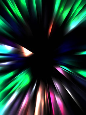 Siyah arkaplanda izole edilmiş dinamik ışık ışınları. Parlayan renkli ışık parçacıklarının grafiksel 2d çizimi.