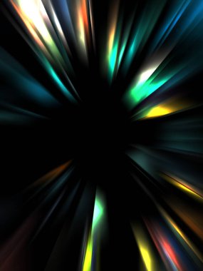 Siyah arkaplanda izole edilmiş dinamik ışık ışınları. Parlayan renkli ışık parçacıklarının grafiksel 2d çizimi.