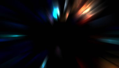 Siyah arkaplanda izole edilmiş dinamik ışık ışınları. Parlayan renkli ışık parçacıklarının grafiksel 2d çizimi.