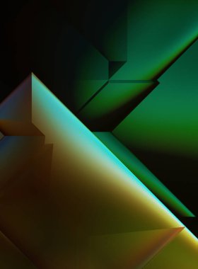 Geometrik dinamik şekiller. Gölgeli teknoloji dijital şablonu ve gradyan arka planda ışıklar. Modern basit geometrik renk gradyanı soyut arkaplan. 3B illüstrasyon. 