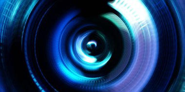 Fotoğraf makinesi konsepti. Soyut arkaplan. Dönen ışık ışınları. Hareketli kavramsal duvar kağıdı. Grafik dijital illüstrasyon. Parlayan neon ışıkları. Parlak sunum tasarım şablonu.