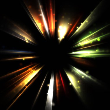 Işık huzmeleri ve parlayan parçacıkların kesiştiği güzel bir zemin. Canlı renkli ışıkların duvar kâğıdı. Parlak ışık görüntüsü.