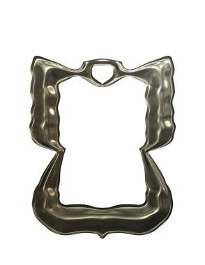 Üç boyutlu metalik illüstrasyon. Beyaz arka planda izole edilmiş fantezi çerçevesi. Davetiyeler, posterler, menü, hatıra defteri ve sunum için mükemmel. Metnin için şablon.