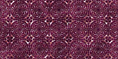 Renkli kumaş arka planında moda tarzında gümüş örgü süsü olan lüks, kusursuz bir şablon. Duvar kağıtları ve tekstil baskısı için tasarım. Lüks, ışıl ışıl metalimsi fantezi dokusu.