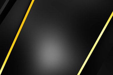 Metin için kopyalama alanı olan soyut siyah paneller. Üç boyutlu illüstrasyon. Renkli ışık özellikli koyu renk tasarım şablonu. Zarif geometrik parlak çizgili arka plan. Minimalist geometrik kapak grafiği.