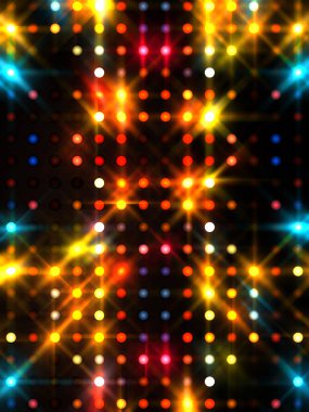 Parlayan ışıklar siyah arka planda parti izleri. Sahne veya stadyum ışıklarının dijital illüstrasyonu. Parlak desenli duvar kağıdı. Sahne ışıkları ile renkli ışıkların ihtişamlı arkaplanı.
