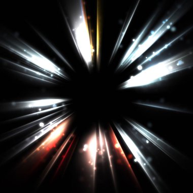 Işık huzmeleri ve parlayan parçacıkların kesiştiği güzel bir zemin. Canlı renkli ışıkların duvar kâğıdı. Parlak ışık görüntüsü.