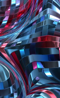 Metalik panel dokusunun 3 boyutlu çizimi. Renkli, parlak, soyut duvar kağıdı. Geometrik teknolojik parlak yansıtıcı arka plan. Yaratıcı parlak kavramsal arkaplan.