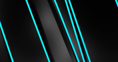 Metin için kopyalama alanı olan soyut siyah paneller. Üç boyutlu illüstrasyon. Renkli ışık özellikli koyu renk tasarım şablonu. Zarif geometrik parlak çizgili arka plan. Minimalist geometrik kapak grafiği.