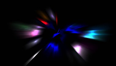 Parlayan ışıkları hareket ettirmenin havalı arka planı. Tasarımınız için canlı renkli bir portal şablonu. Işık ışınları ve hareket halindeki ışıldayan parçacıklar bir solucan deliği şekli oluşturuyor..