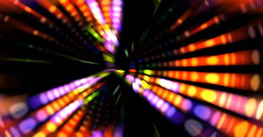 Siyah arkaplanda dönen ışık gösterisi. Lüks çizgiler. Parlak kıvrımlı duvar kağıdı. Uzay tüneli. Dönen ışık çemberi ya da maytap izi. Parlak konsept çizimi.